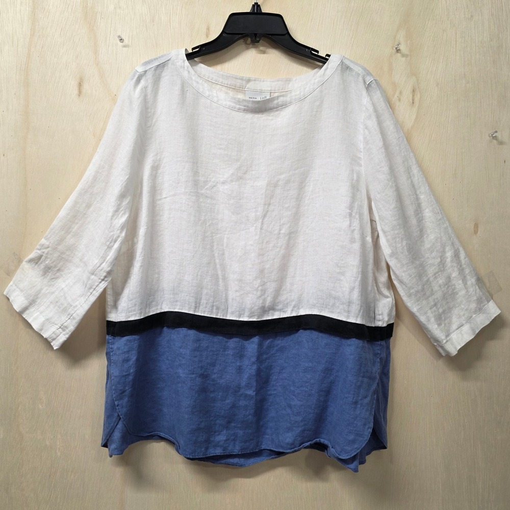J. Jill 100% Linen Love Linen Colorblock Tunic Top White Blue Black 3/4 Sleeve L